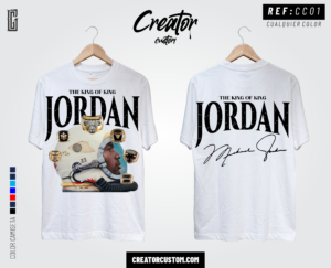 Camiseta blanca Michael Jordan con diseño de astronauta y anillos de campeonato, marca Creator Custom.