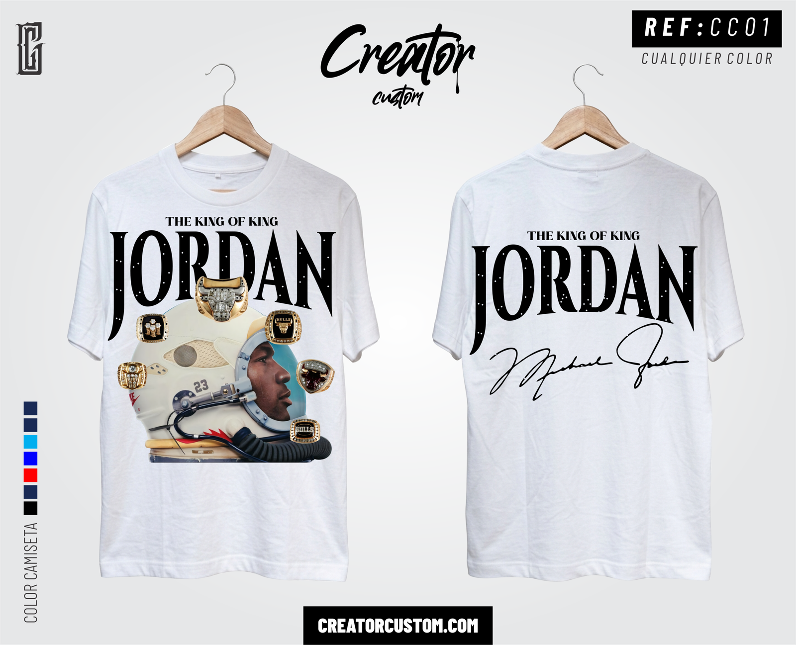 Camiseta blanca Michael Jordan con diseΓ±o de astronauta y anillos de campeonato, marca Creator Custom.