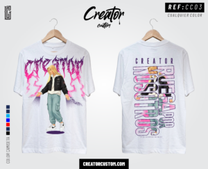 Camiseta blanca con ilustración urbana de una mujer rubia con estilo streetwear, rayos rosados neón y la frase "RUEGA POR NOSOTROS" en la espalda.