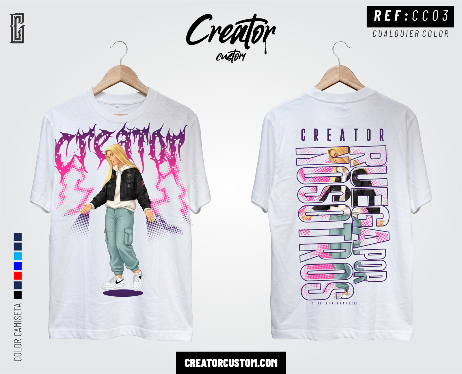 Camiseta blanca con ilustraciΓ³n urbana de una mujer rubia con estilo streetwear, rayos rosados neΓ³n y la frase "RUEGA POR NOSOTROS" en la espalda.