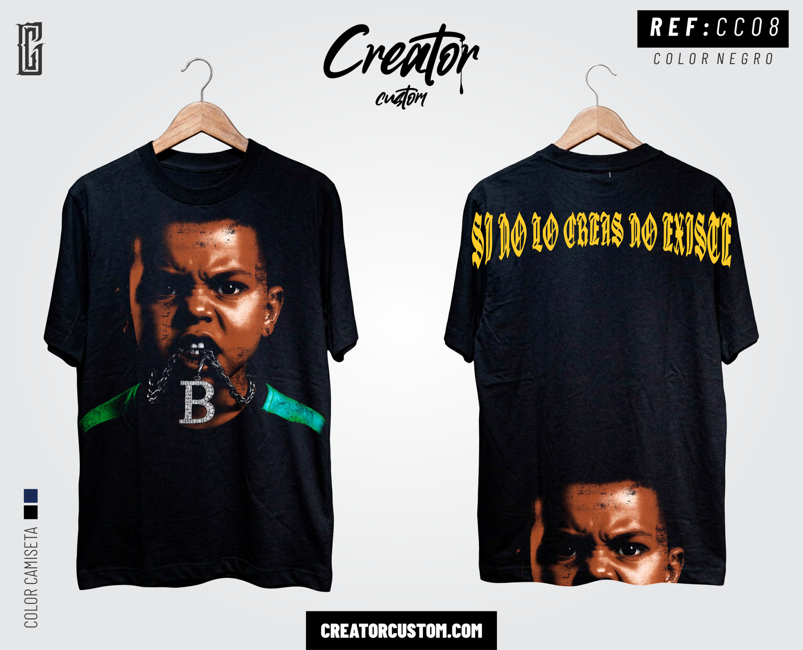 Camiseta negra de Creator Custom con diseΓ±o estilo bootleg de los 90 estampado en DTF, con el rostro de un niΓ±o con una cadena en el frente y letras gΓ³ticas amarillas en la espalda.