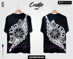 Camiseta urbana negra de Creator Custom, referencia CC30, con estampado DTF del logo vintage Air Jordan Wings en blanco y la firma de Michael Jordan en morado, vista frontal y trasera.