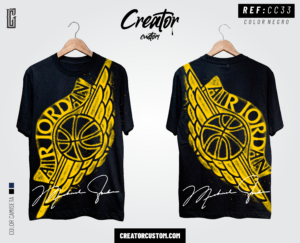 Camiseta urbana negra de Creator Custom con estampado DTF del logo vintage Air Jordan Wings en color amarillo y la firma de Michael Jordan en blanco en la parte inferior, vista de frente y espalda.