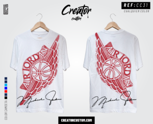 Camiseta urbana blanca de Creator Custom con estampado DTF del logo vintage Air Jordan Wings en color rojo y la firma de Michael Jordan en la parte inferior, vista de frente y espalda.